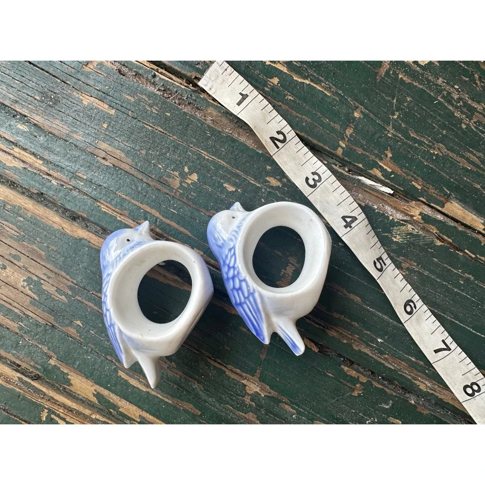 Vintage Blue Bird Ceramic Napkin Rings Set of 2 Blue White Porcelain Figurines